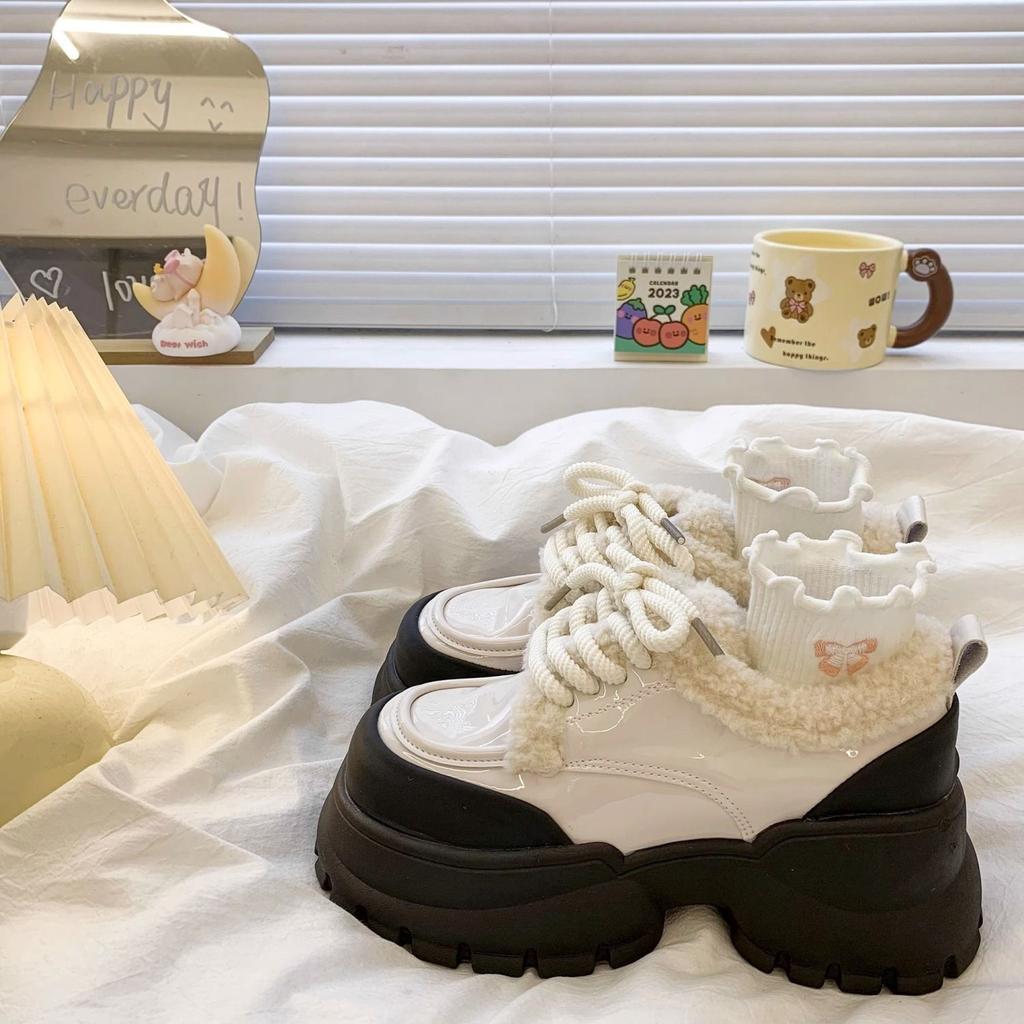 Fleece single shoes French versatile loafers British style non-slip thick sole heightening small leather shoes women's 2025 autumn and winter new m