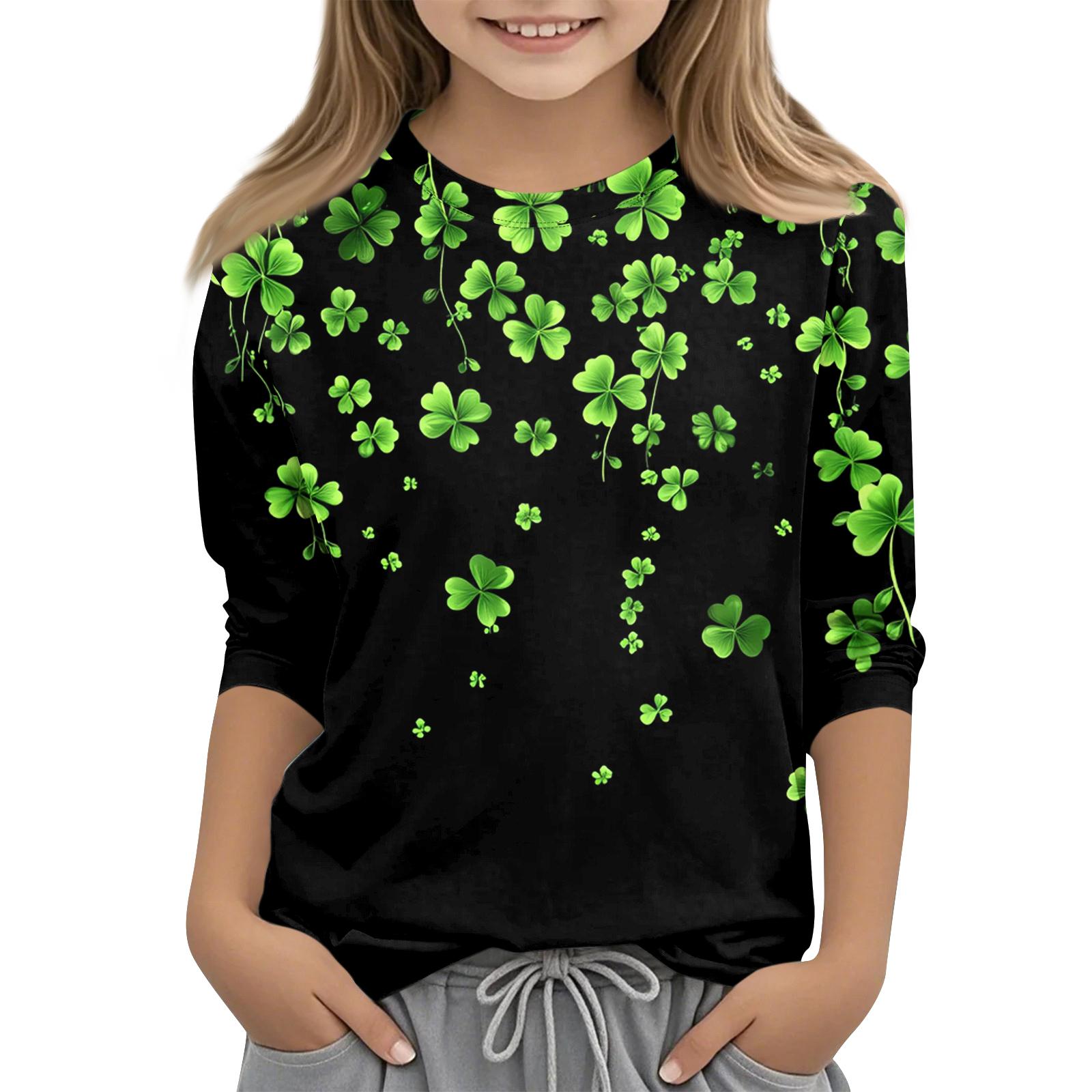 

St. Patrick s Day Print Tops For Youth Girls 4-11 Years Round Neck 3/4 Sleeves T-Shirts Trendy Tops Outfit Tees 120