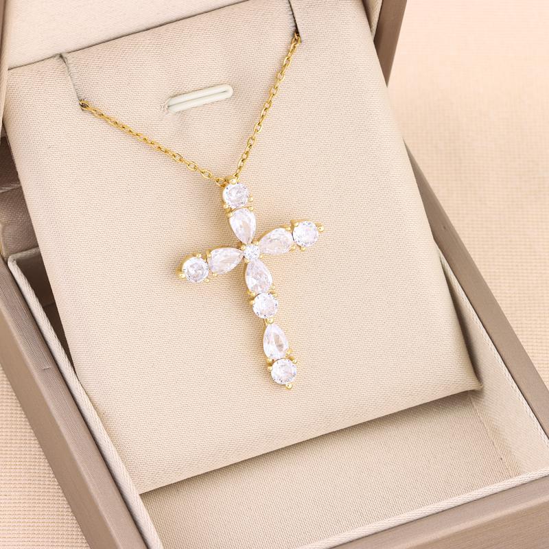 New Super Shining Zircon Crystal Cross Pendant Necklaces For Women Trendy Female Stainless Steel Neck Chain Jewelry