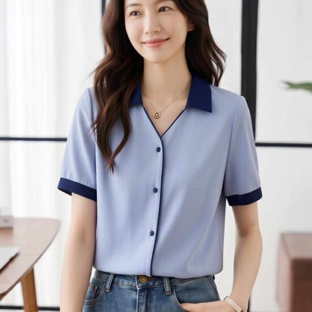 NaVaVa Women S Clean Office Color Block V Neck Collar Short SleeVe Shirt blouSe