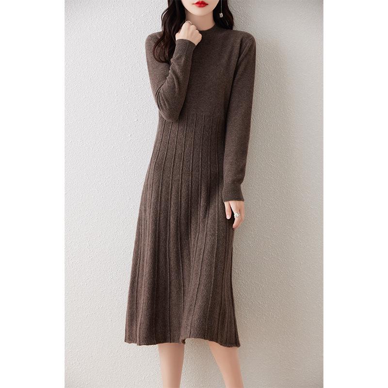 Elegant Merino Wool Women's Bodycon Knit Dress - New Style with Half High Neck and High Waist Design