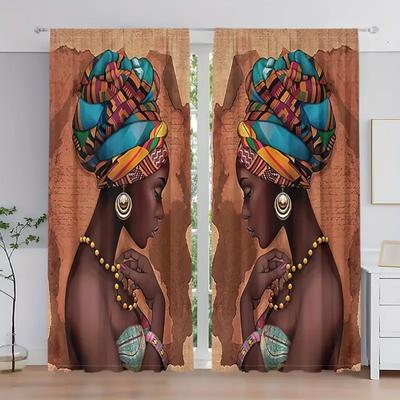 2er-Set afrikanisch inspirierte dekorative Vorhänge für Schlafzimmer und Wohnzimmer – Polyester, gewebtes Design, keine Stange erforderlich