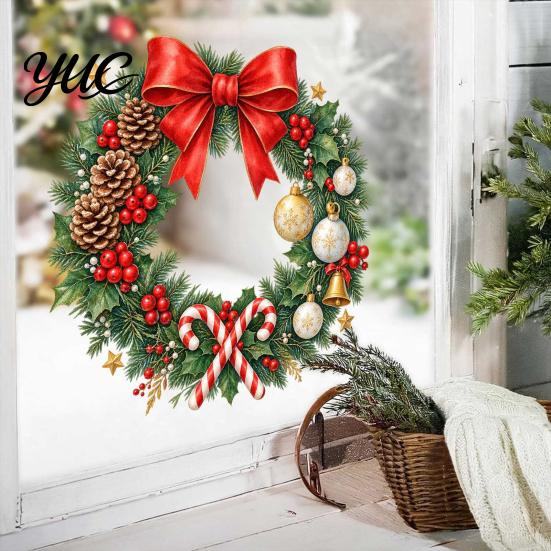 Creative Holiday Gifts Christmas Wreath Window Decals, Removable Stickers with Pine Cone Decorative PVC Wall Bow Berry Poinsettia, Waterproof