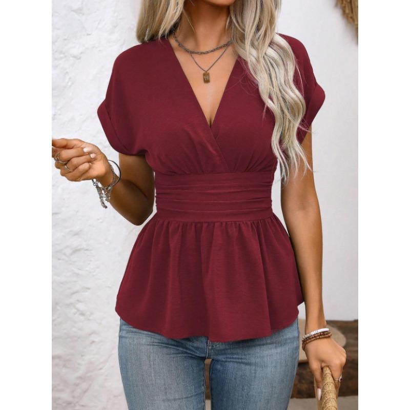 JPNTKY Damenmode Lässige Kurzarm V-Ausschnitt Blusen & Hemden