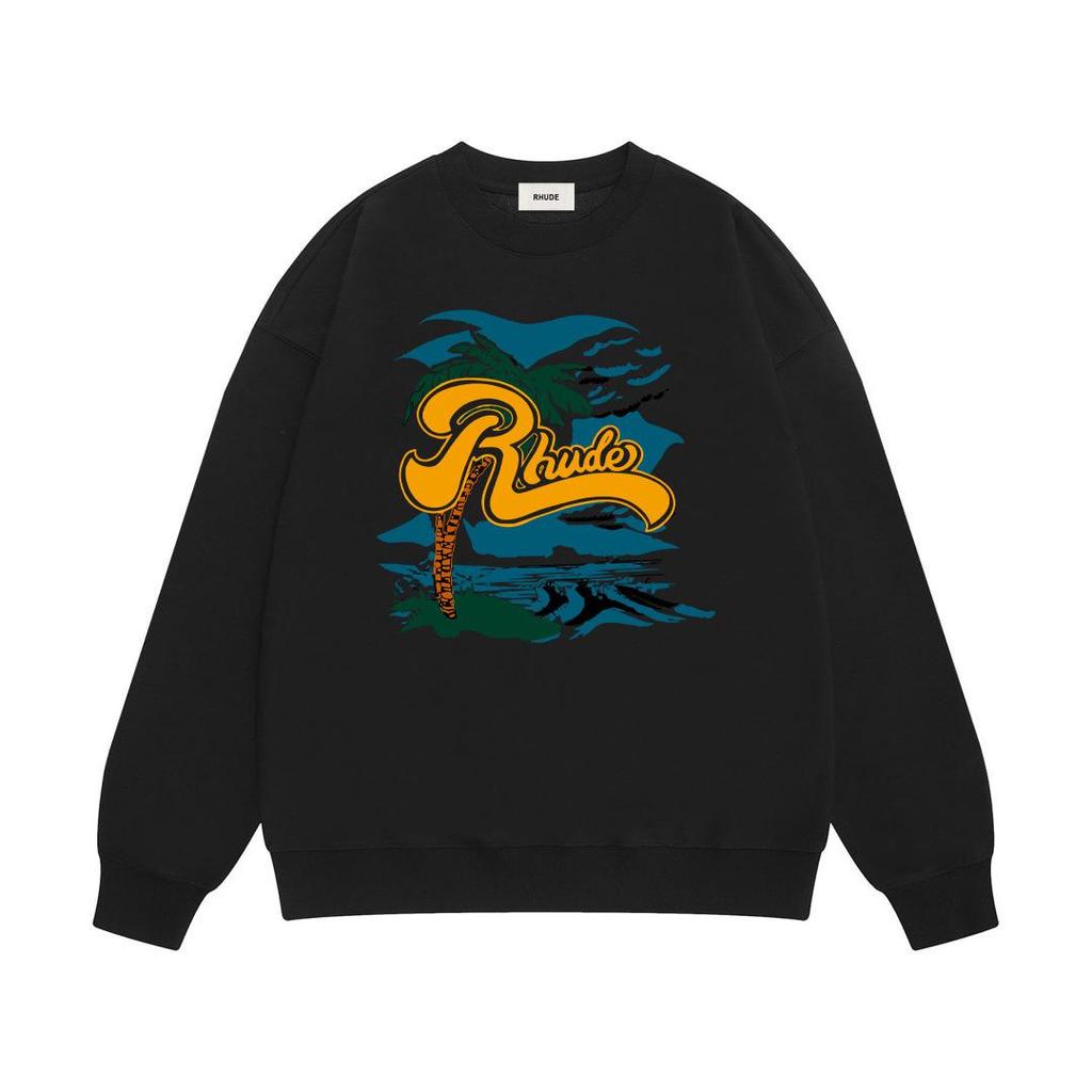 New Men's RHUDE Letter Print Loose Terry Round Neck Hoodie