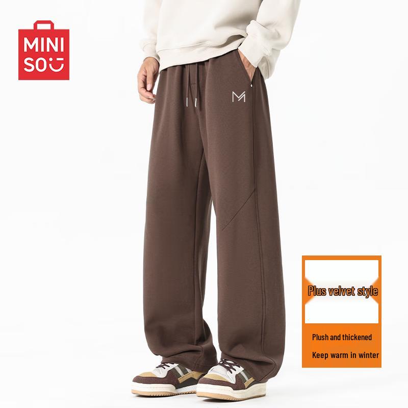 

MINISO Men s American Retro Fleece-lined Curved-cut Drawstring Pants L
