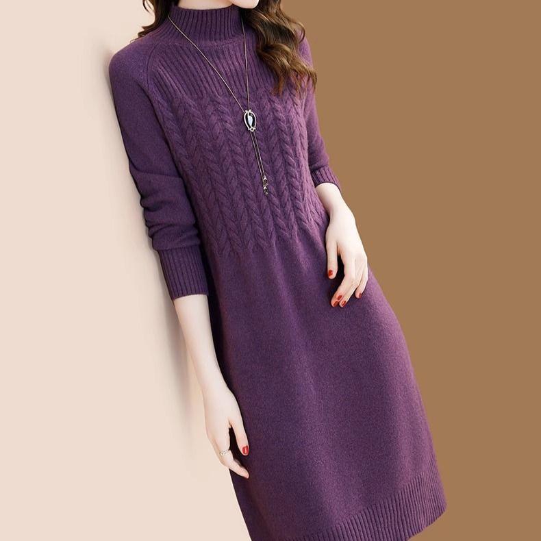 Fashionable Sweater Dress for Women Versatile Semi-high-neck Knitted Base Dress Casual Pullover