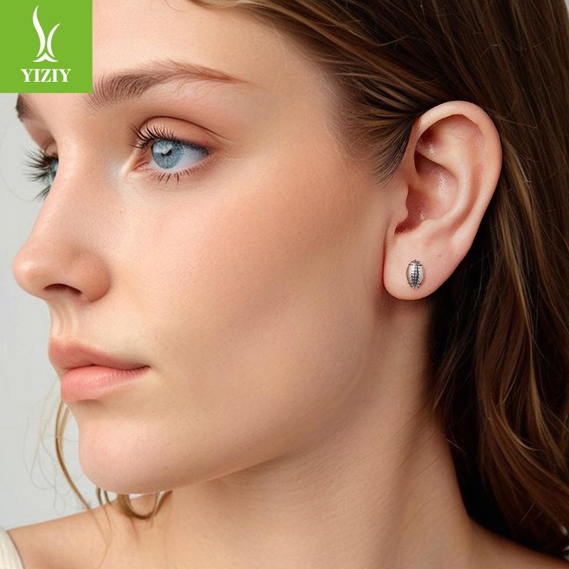 S925 Sterling Silver Rugby Stud Earrings, Fashion Sports Style Silver Whole Body Stud Earrings And Ear Jewelry