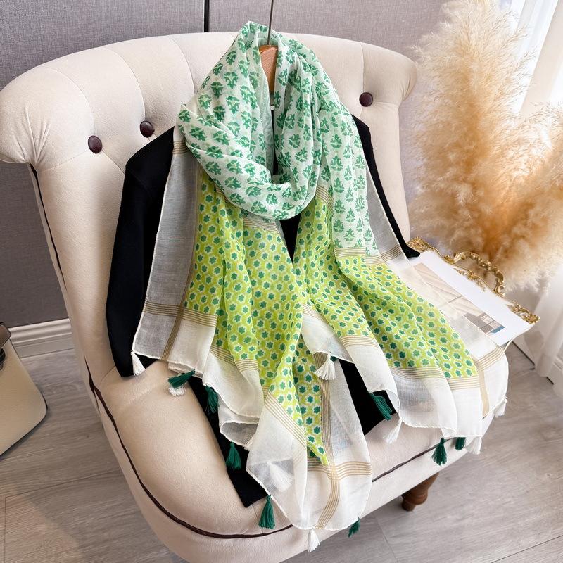 New Small Fresh Green Versatile Artistic Cotton Hemp Tassel Scarf Travel Thin Vacation Sunscreen Shawl