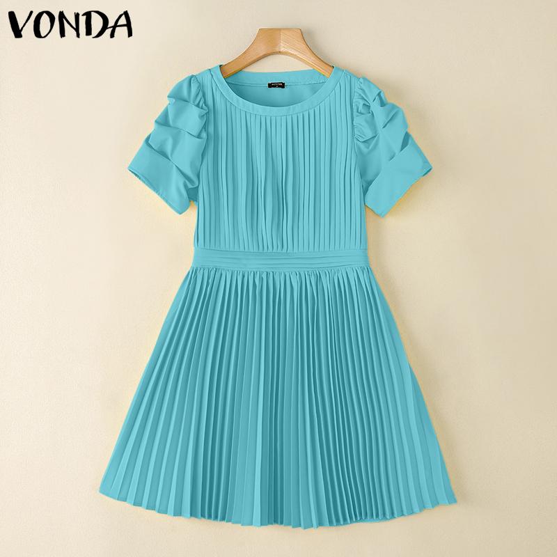 

VONDA Women Short Sleeve Elastic Waist Ruffled Casual Pleated Mini Dress 5XL синій