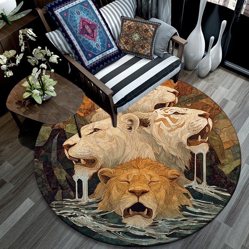 Lions Round Area Rug,Carpet Rug for Living Room Bedroom Sofa Playroom Decor,Non-slip Floor Mat