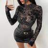Women's Sheer Mesh Floral Flocked Print High Neck Long Sleeve Slim Fit See Through Layering Blouse Top