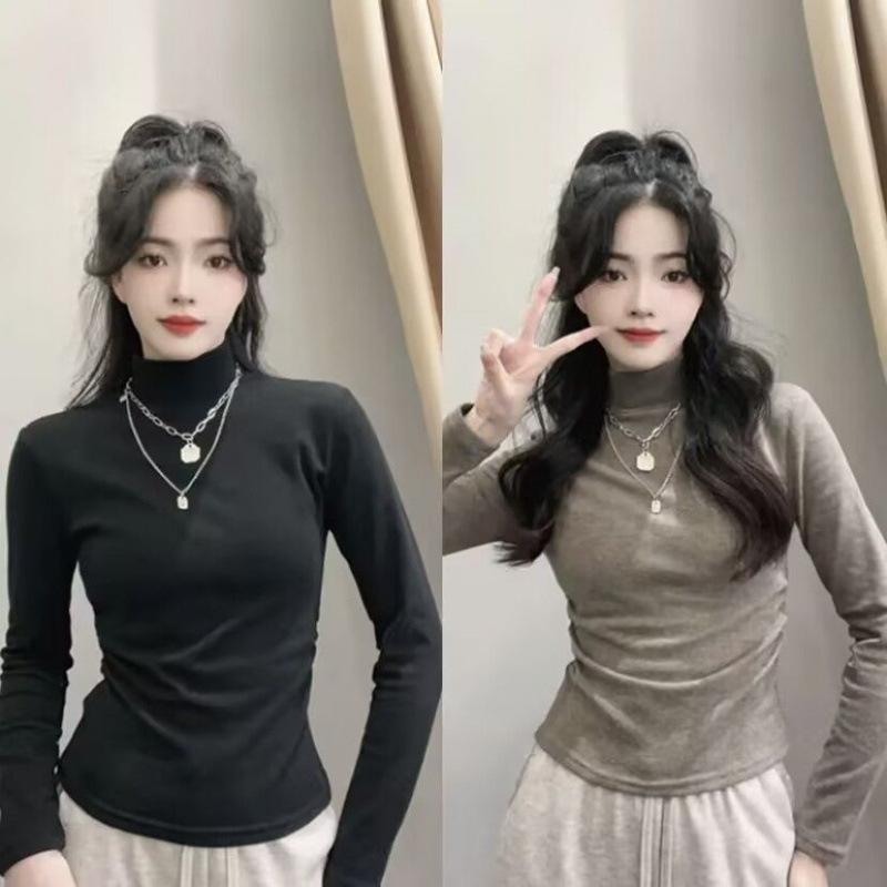 Autumn and Winter Thickened Velvet Half Turtleneck Versatile Bottoming Shirt with Slim Fit Short Warm T-shirt Tight Top