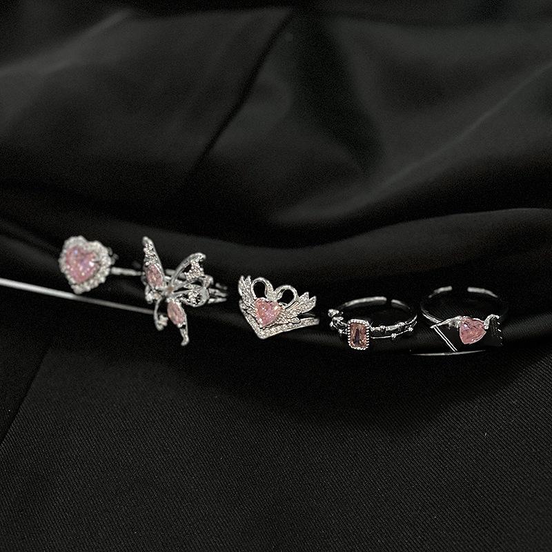 Sweet And Cool Pink Love Full Of Diamonds Zircon Butterfly Open Ring Candy Light Luxury Niche Design Advanced Sense Index Finger Ring