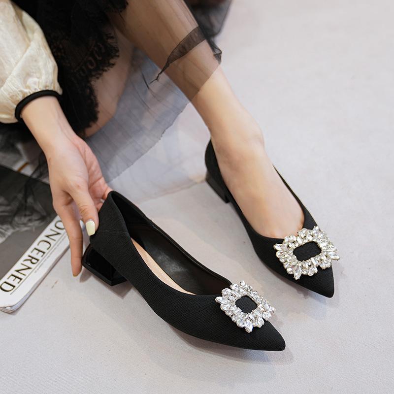 Single Shoes Women's New Rhinestone Temperament High Heels Pointed Head Shallow Mouth Versatile Thick Heel Large Size