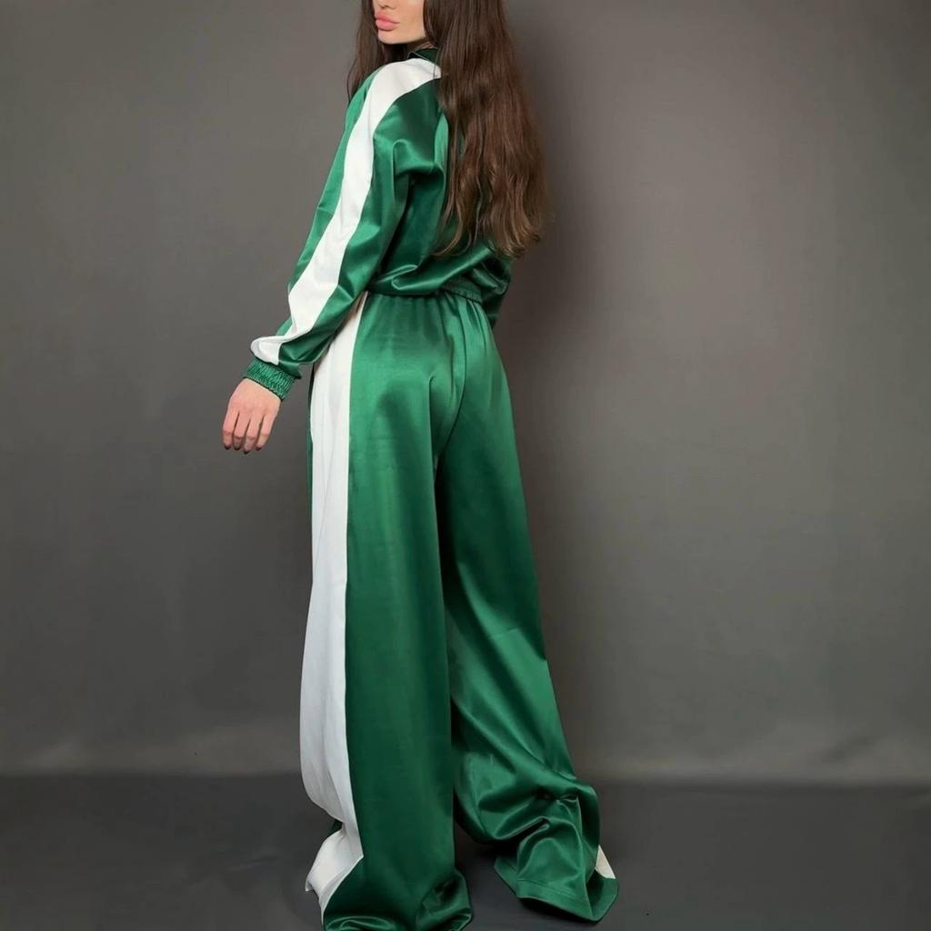Tuta sportiva retro europea e americana con striscia laterale in raso, giacca con cerniera a collo semi-dolcevita a maniche lunghe, pantaloni a vita alta a gamba larga
