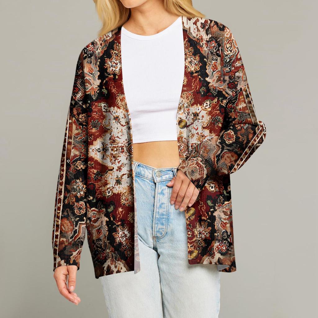 Women's Fashion Long Sleeve Print V-Neck Button Loose Cardigan Top