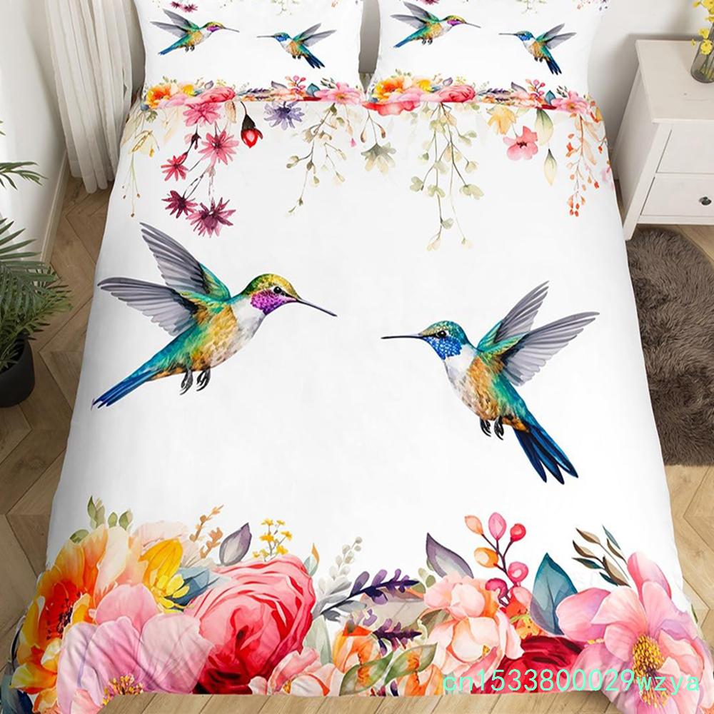 Copripiumino Floreale Colibrì Set Biancheria da Letto Uccelli Blu Verde Primavera Animali Selvatici Coperta Trapuntata Botanica Coperta Trapunta in Poliestere
