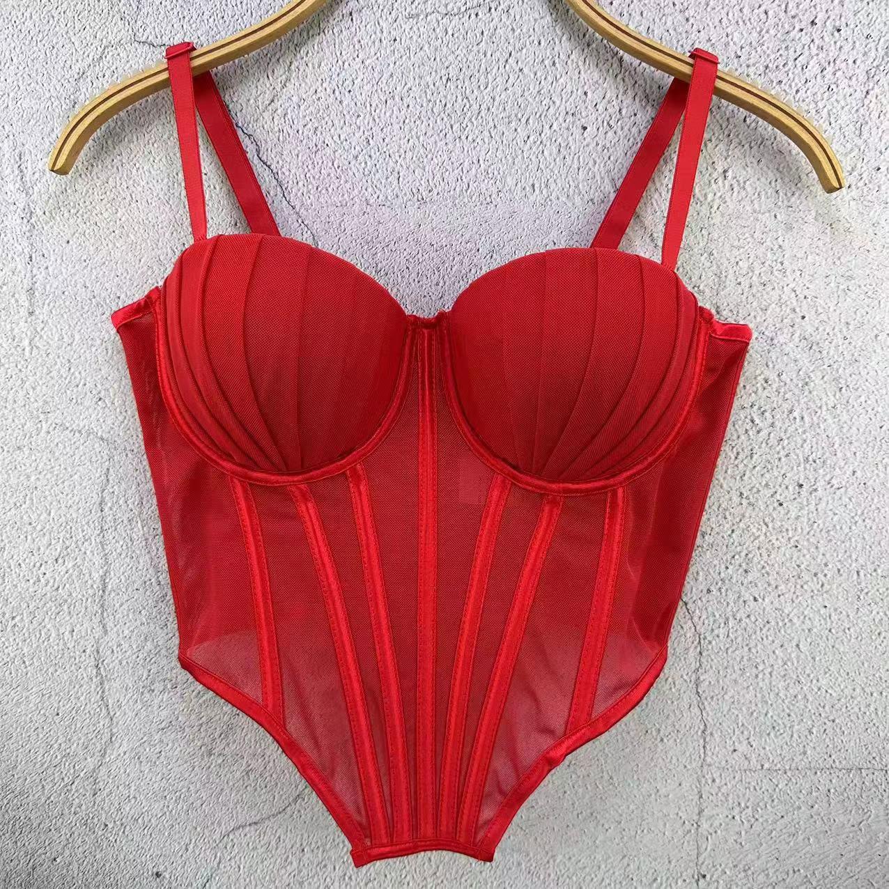 

Топ-бюстье из сетчатого кружева во французском стиле со скульптурированной спинкой, верх без бретелей на косточках для женщин, легкий стиль, майки и топы 34/75 красный