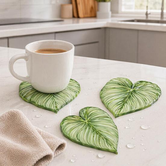 Acrylic Tropical Plant Coasters, Heat Resistant Non-Slip Drink Coasters, Easy Clean Leaf Shaped Pads for Coffee Table Desk Decor, Home Gift