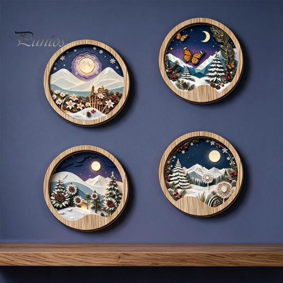 Living Room Wall Ornament Round Wooden Winter Mountain Art with 3D Layered Snow Scenery for Holiday Nature Inspired Home Decor Decor, Rustic Christmas