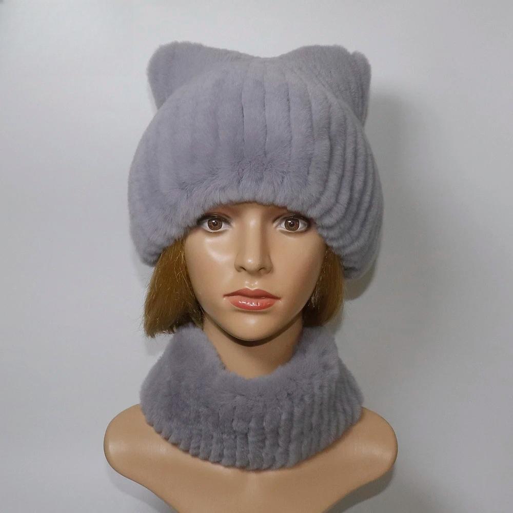 Winter Girls Fashion Fluffy Real Rex Rabbit Fur Hat Scarf Sets Warm Real Rex Rabbit Fur Cat's ear Hats Scarves Women Fur Caps