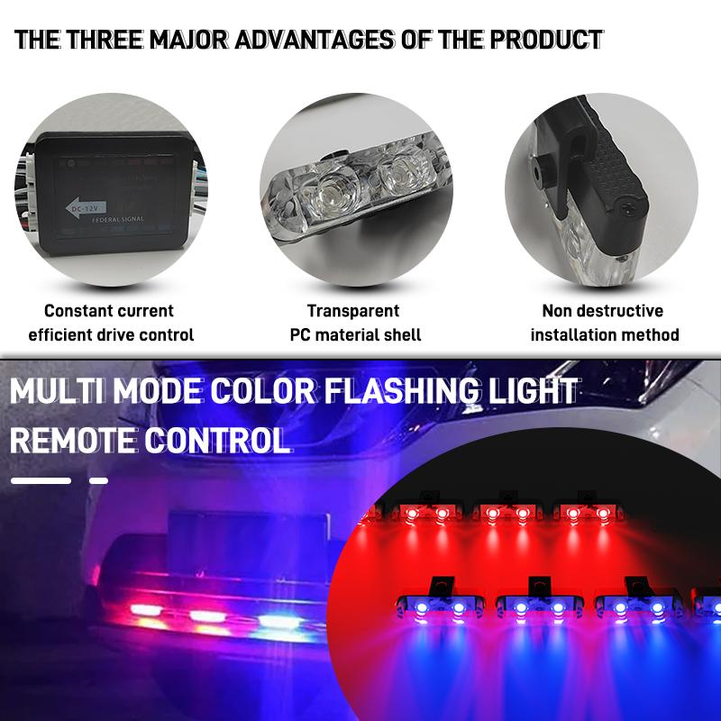8 In 1 Universal Strobe Lights Car Front Grille Emergency LED Signal Light Red Blue Police Flashing Warning Lamp Accessories