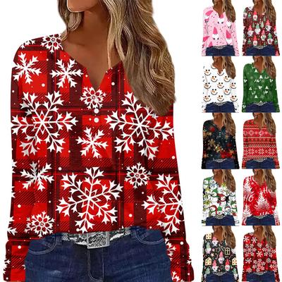 Damenmode Lässig Floraler Weihnachts-Print V-Ausschnitt Langarm Knopfleiste Langarm-Oberteil
