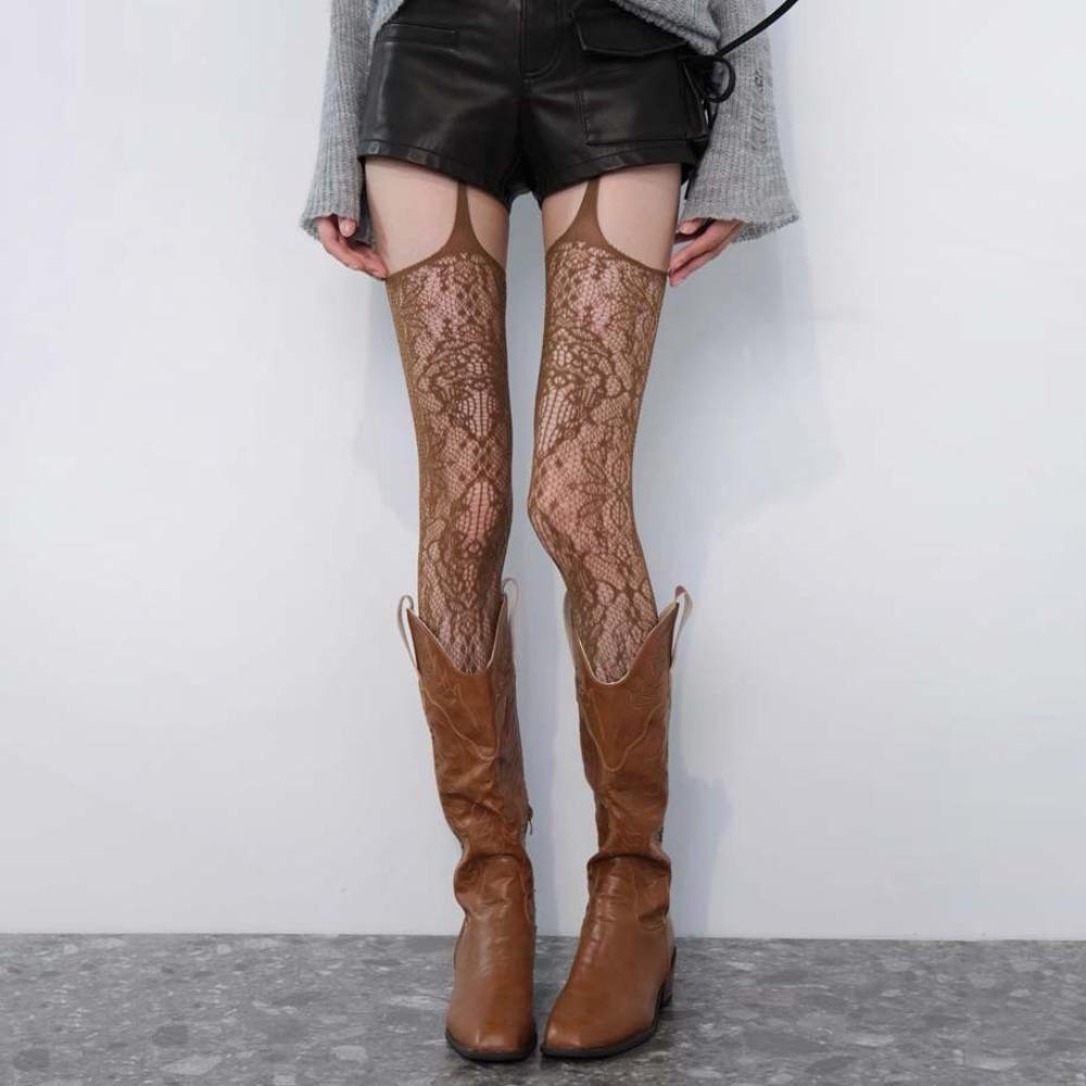 

Irregular Mesh Flower Long Tights Transparent Mesh Pantyhose Lace Suspender Stockings Streetwear кавовий
