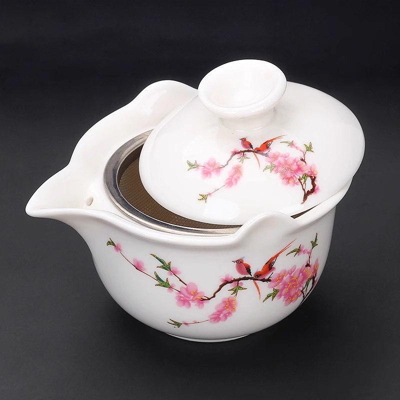 Anti-scalding teapot ceramic cover bowl large tea cup Kung Fu tea set Sancai Pu'er tea bowl hand-held teapot white porcelain