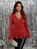 2026 Women Sparkly Peplum Blouse V Neck Ruffle Flare Long Sleeve Elegant Party Casual Solid Color Top