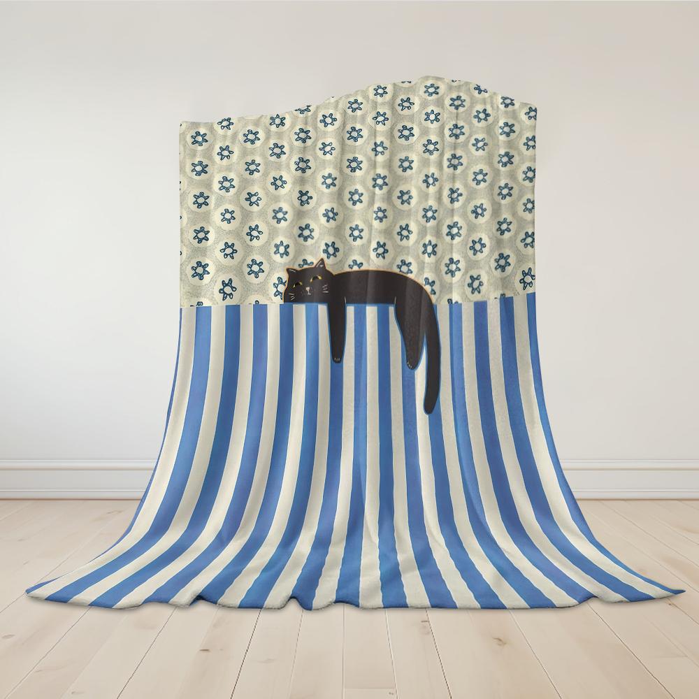 Cat With Blue And White Stripes Flannel Blanket Warm Soft Halloween Christmas Couch Warm Cozy Decorative Decor For All Season