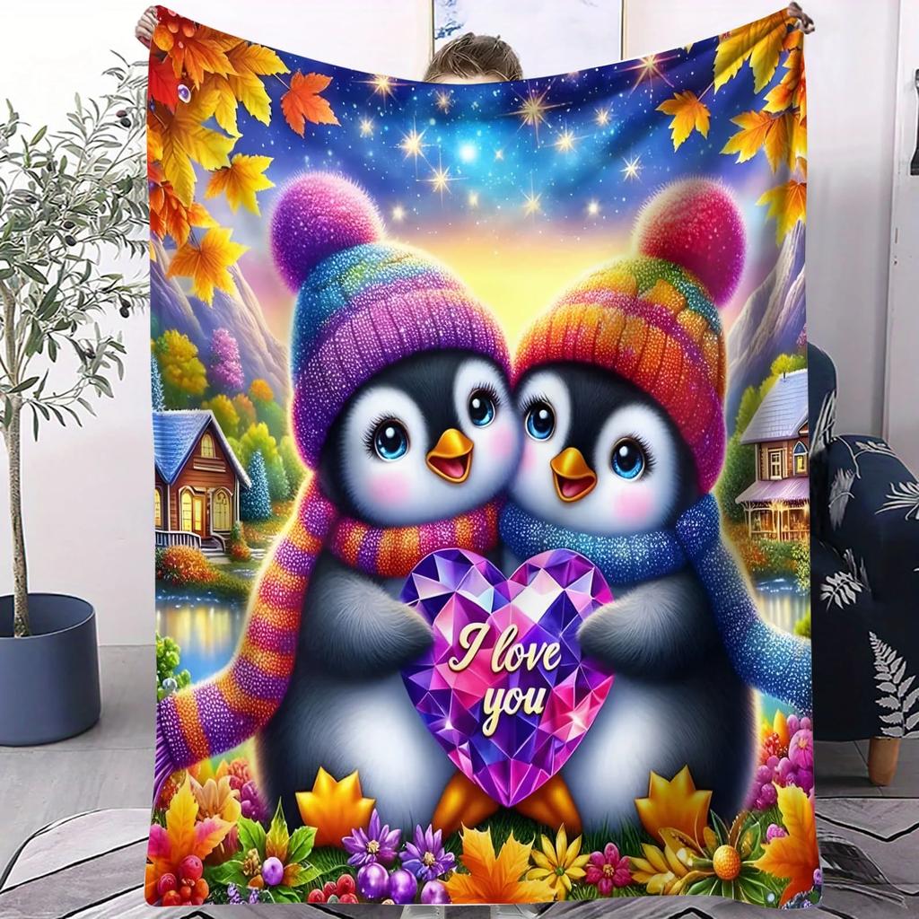 Colorful Diamond Heart Penguin Couple Soft Blanket   Pc Romantic Fleece Throw for Sofa Home Decor Warm Gift for Adults and Kids