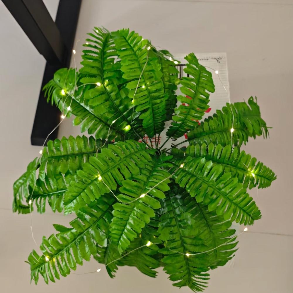 24 Leaves Glowing Boston Ferns with Lights Plastic Warm Light Lighted Boston Fern Plant Long-Lasting Realistic