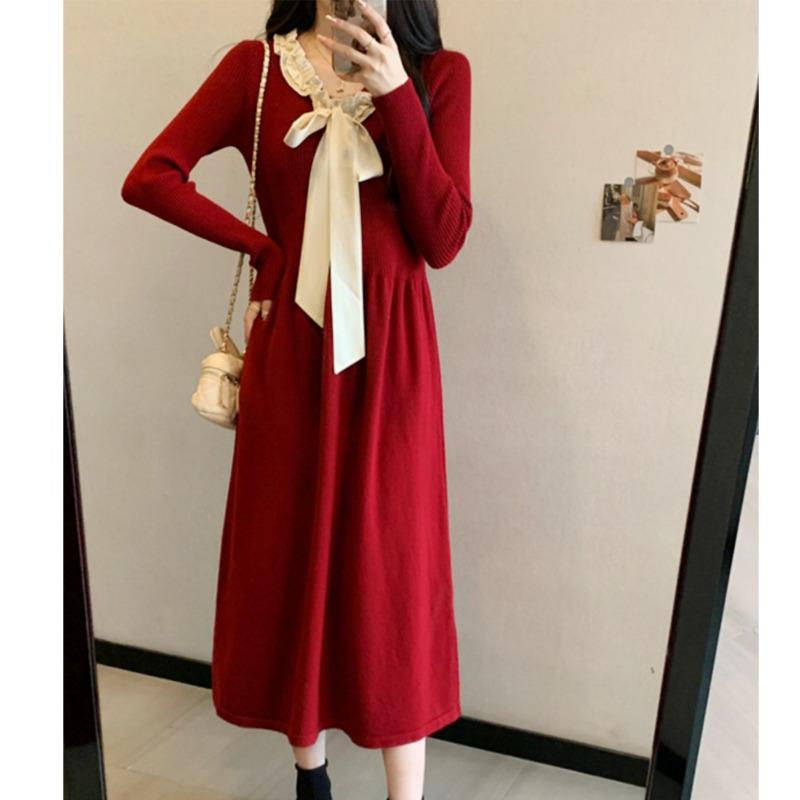 V-neck Bow Sweater Skirt Autumn and Winter New Red Gentle and Thin A-shaped Long Knitted Dress