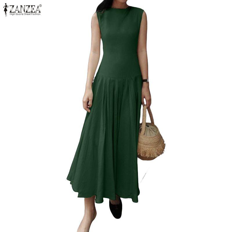 ZANZEA Women Casual Round Neck Solid Color Sleeveless Long Dress