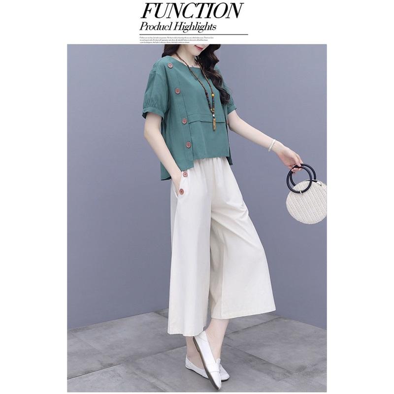 Women's Cotton Linen 2-Piece Set Short Sleeve Blouse & Wide Leg Pants
