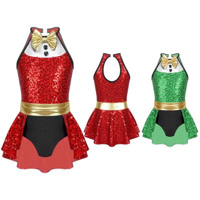 Kids Christmas Jumpsuit Dress Up Bowknot Sequin Gymnastic Leotard Ballet Tutu Skirts Stage Costumes