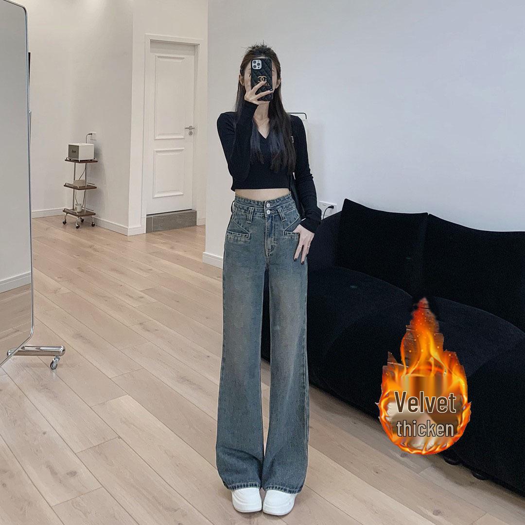 

Women s 2024 High-Waisted Fleece-Lined Micro-Flare Denim Pants, Loose Slimming Fit, Retro Wide-Leg, Winter Edition XXL