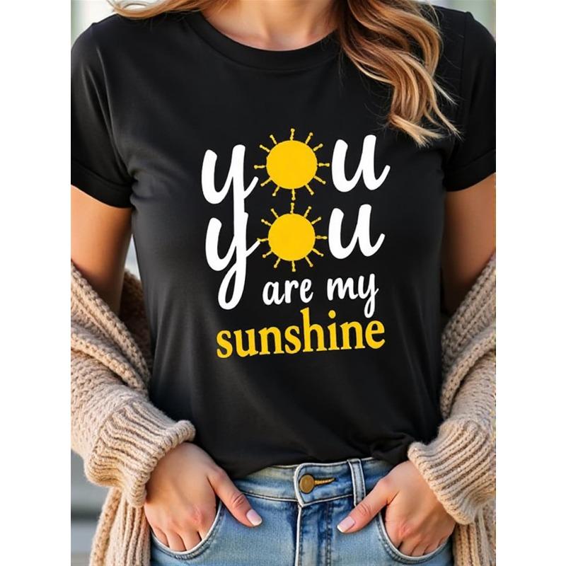 

- T-Shirt with a You Are My Sunshine Print, Black Short-Sleeve Round Neck Tee, Machine Washable, Casual Style, Comfortable Fit, Trendy Design S чёрный