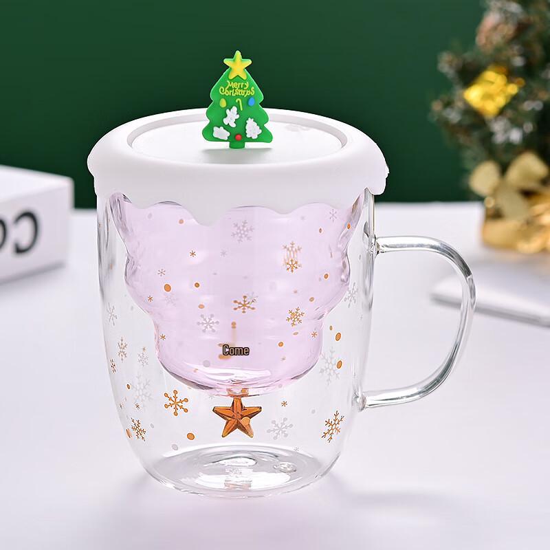 Double-Layer Insulated Christmas Glass Coffee Mug With Lid