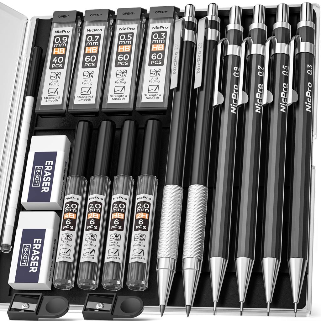 Nicpro Mechanical Black Metal Drafting mm Graphite Lead Holder for and Includes 8 Lead Refills and Eraser Case Pencils, 6-Piece Set, Pencils, 0.3 &