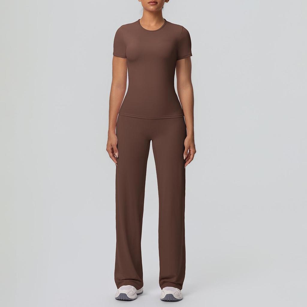 Tvådelad Enfärgad Yoga-dräkt: Dubbelsidig borstad långärmad topp med vida byxor för träning, löpning och fitness