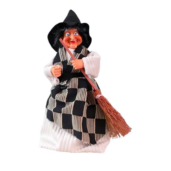 Halloween Witch Doll Decoration Spooky Witch Statue with Broomstick for Home Living Room Fireplace Mantel End Table Desktop Decor