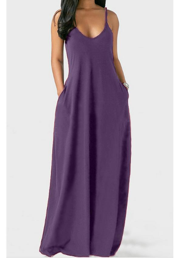 2022 European Summer Plus Size Women's Solid Color Deep V Spaghetti Strap Long Dress