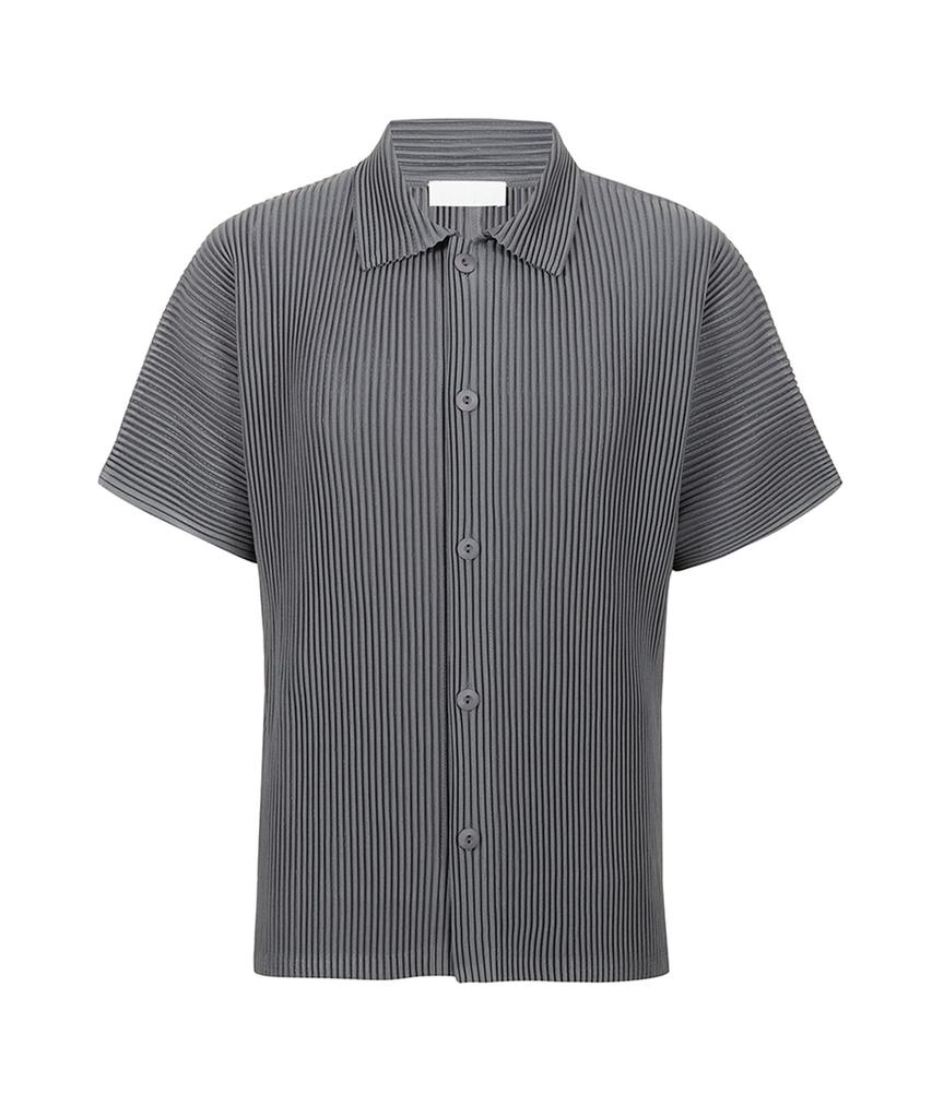 Akebteu Ps05X Pleated Button Short Sleeve Collared Open T-Shirt [Dark Gray]