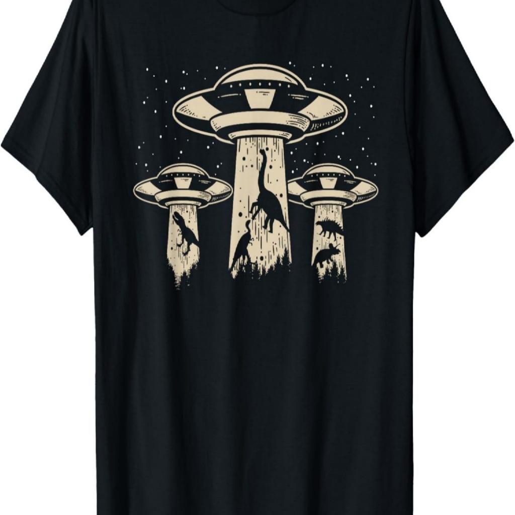 Wowsome! Alien UFO Abduction Dinosaur T-Shirt - Unisex-Adults_Kids - Black - Short Sleeve - Classic Fit - Cotton_Polyester - Machine Wash - Small
