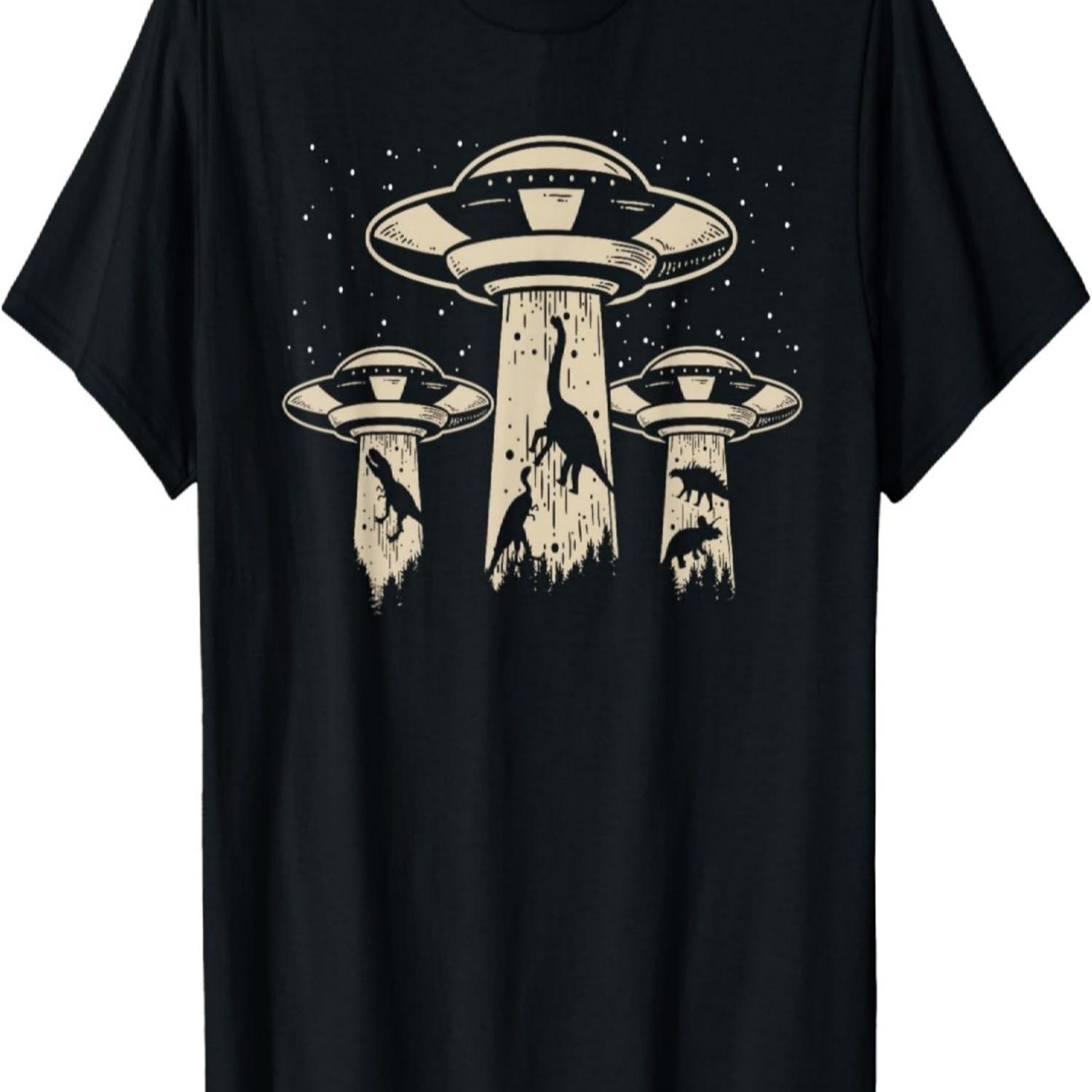 

Wowsome! Alien UFO Abduction Dinosaur T-Shirt - Unisex-Adults_Kids - Black - Short Sleeve - Classic Fit - Cotton_Polyester - Machine Wash - Small S чёрный