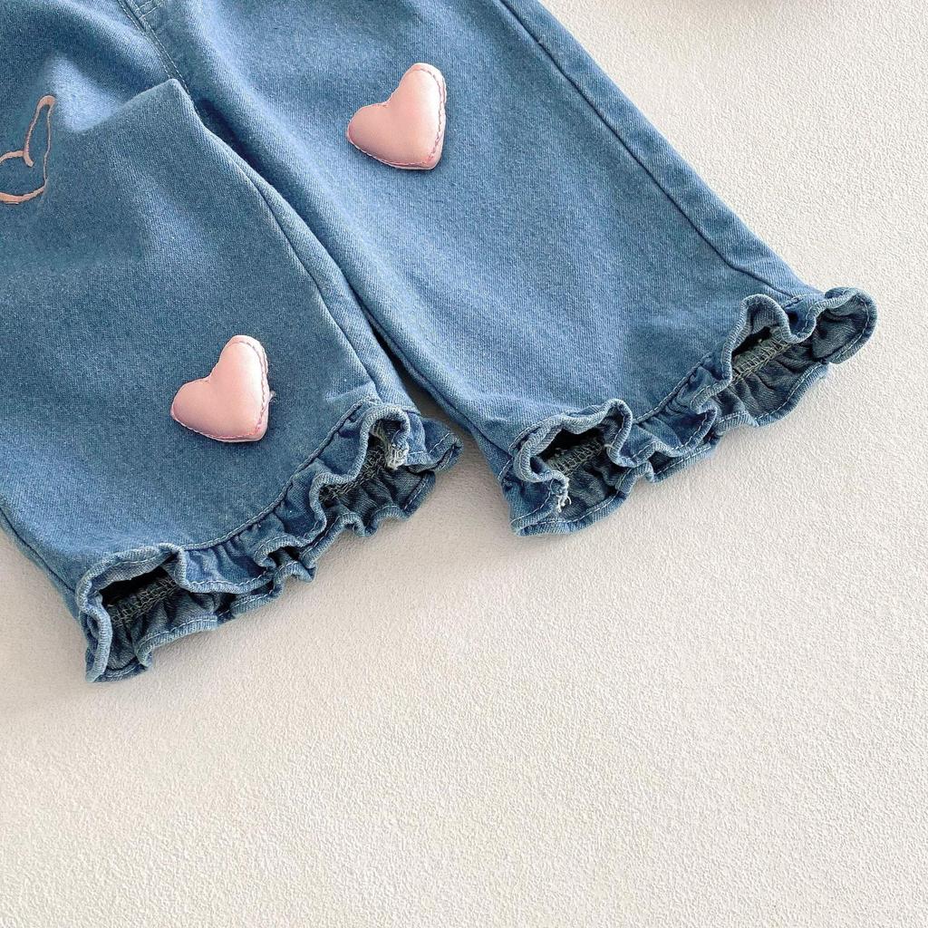 Heart Pattern Korean-Style Girls’ Jeans - Spring 2025 Collection (Ages 0-5) Trendy and Casual.
