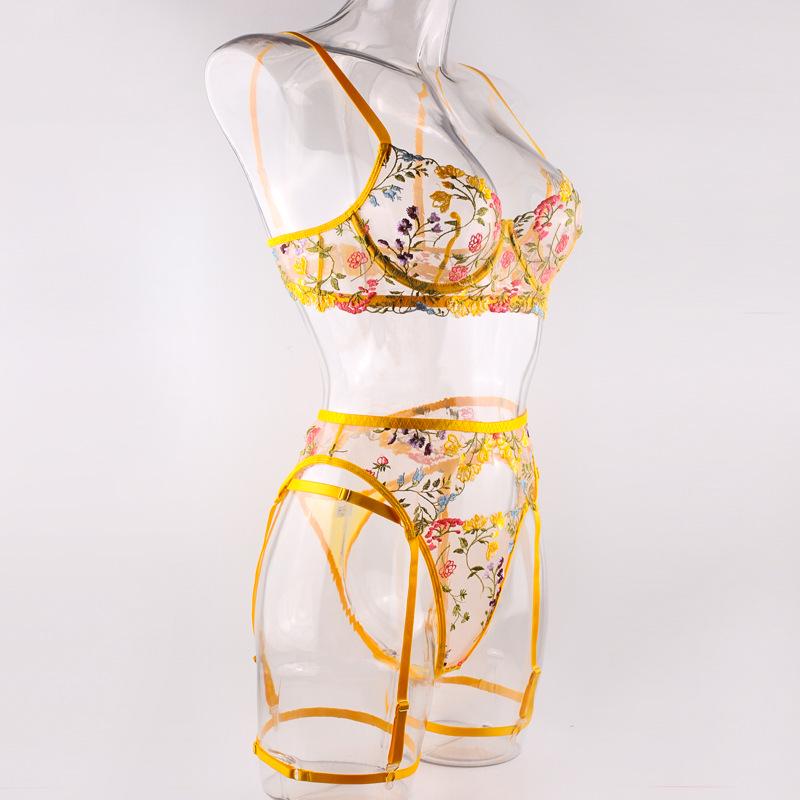 2022 Špičková vyšívaná vícebarevná květinová sexy souprava spodního prádla (4 ks)